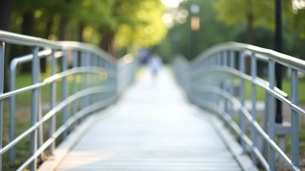 Accessible ramp and railings along Riga canal pathway, showing wheelchair-friendly design and safety features
