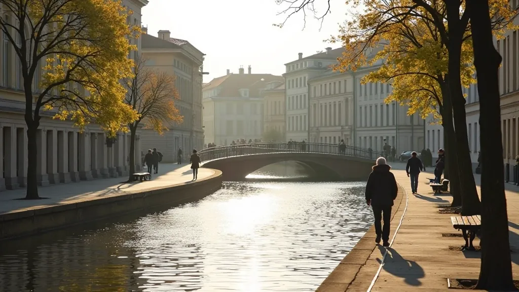 Canal walkway in historic Riga with bridges and waterfront buildings