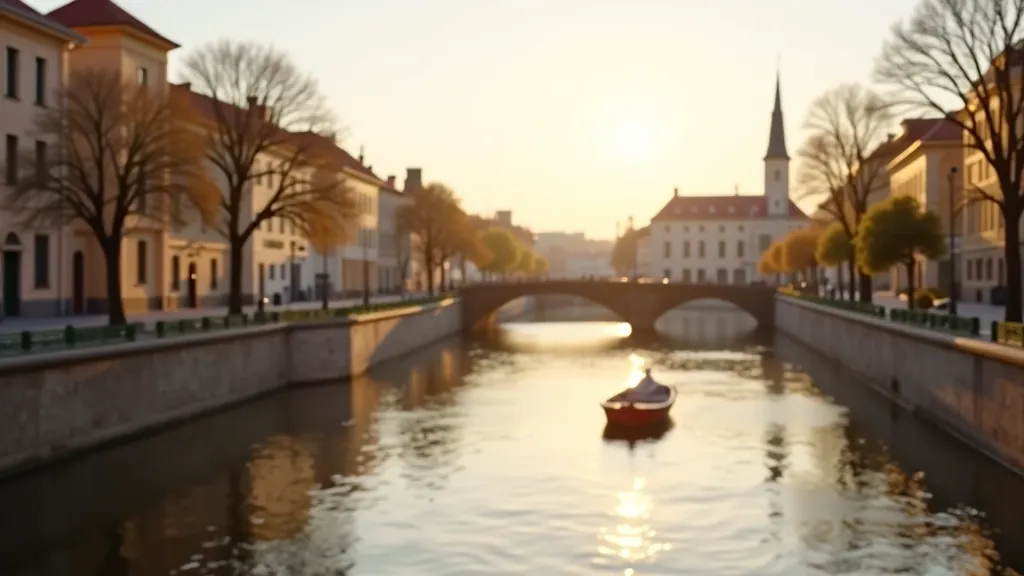 Scenic view of the Daugava River with Riga's historic Old Town architecture reflected in calm water during golden hour