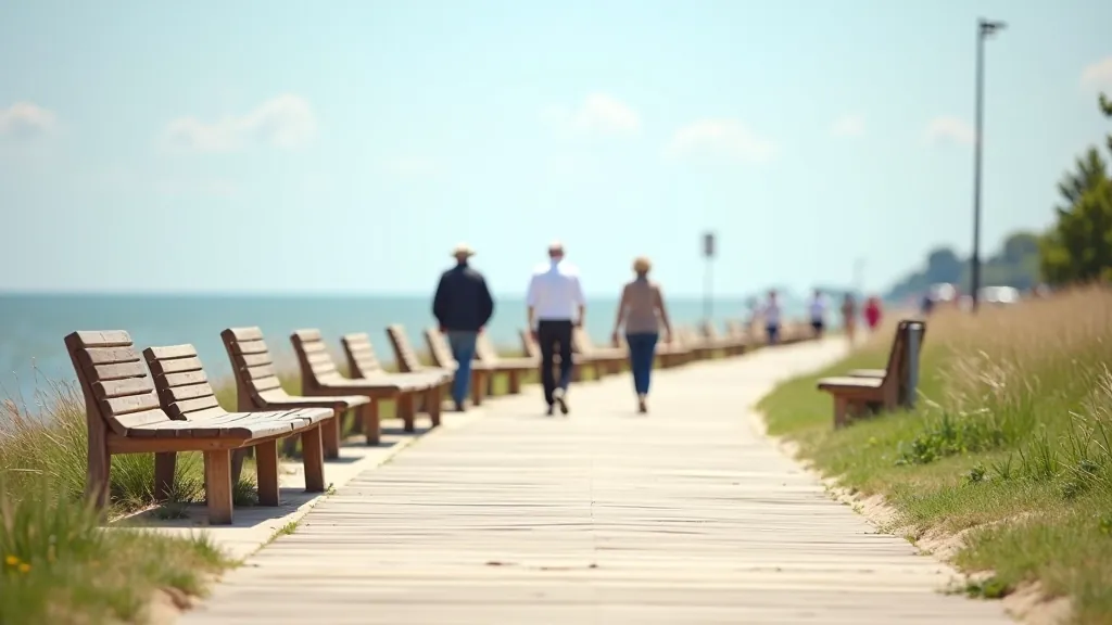 Jūrmala beachfront with wide promenade, green benches, and people walking slowly along the sandy shore