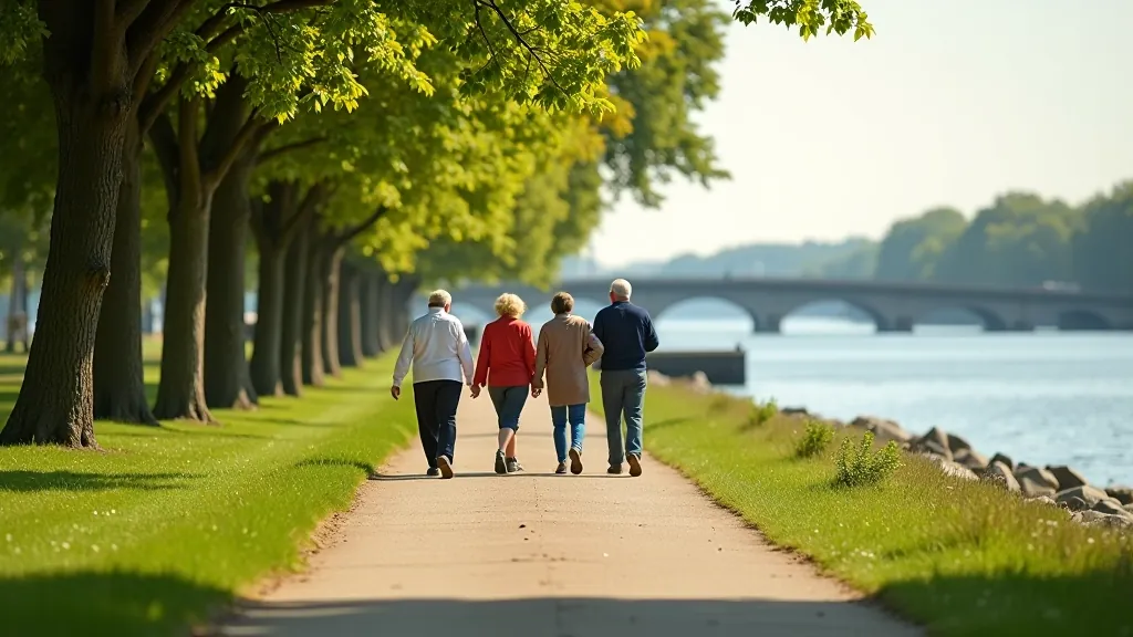 People of various ages walking and cycling on the Daugava embankment with Riga's bridges visible in the background