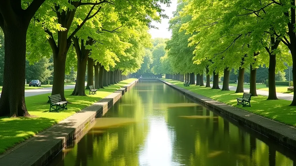Peaceful Riga canal with leafy trees lining the water path, benches for resting, calm urban waterway