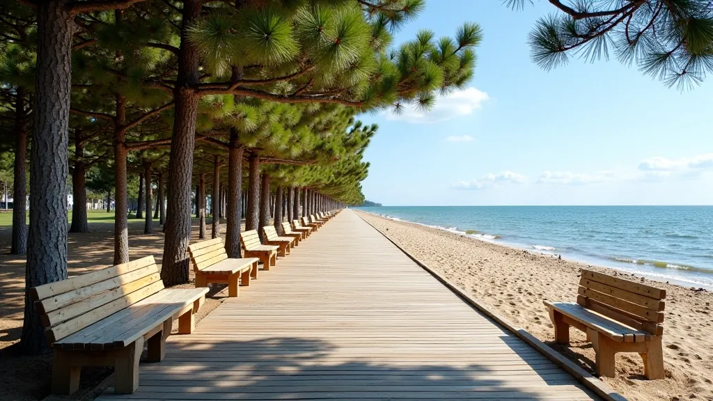 Seaside boardwalk in Jūrmala with white sandy beach and coastal vegetation