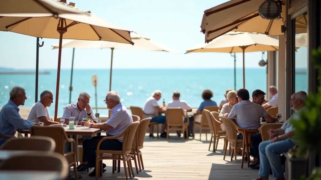 Outdoor café near Jūrmala promenade with tables, umbrellas, and sea view, older people relaxing