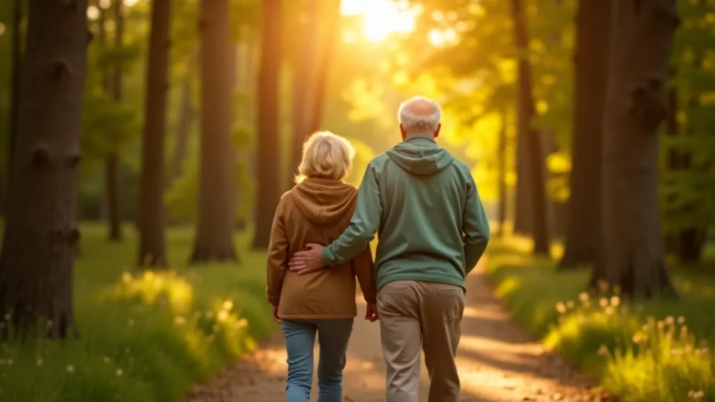 Senior couple walking on forest path dappled with sunlight, enjoying peaceful woodland setting in Latvia