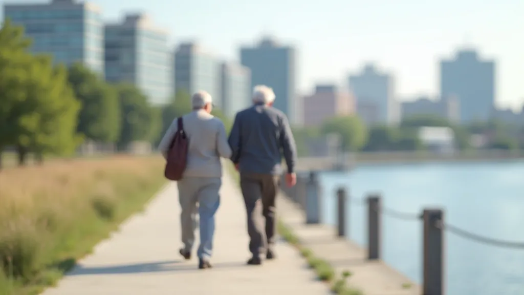 Senior couple walking along the Daugava embankment in Riga with river views and historic architecture visible in background