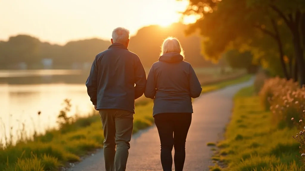 Seniors enjoying a leisurely walk along Latvia's scenic embankment path with water view