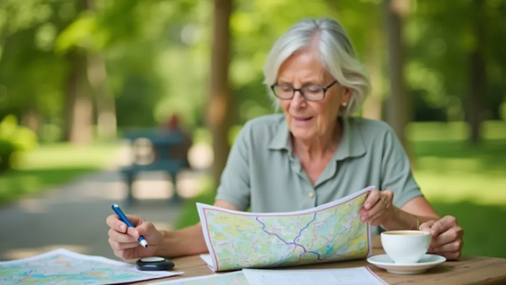 Senior woman reviewing detailed walking route information and planning her next adventure